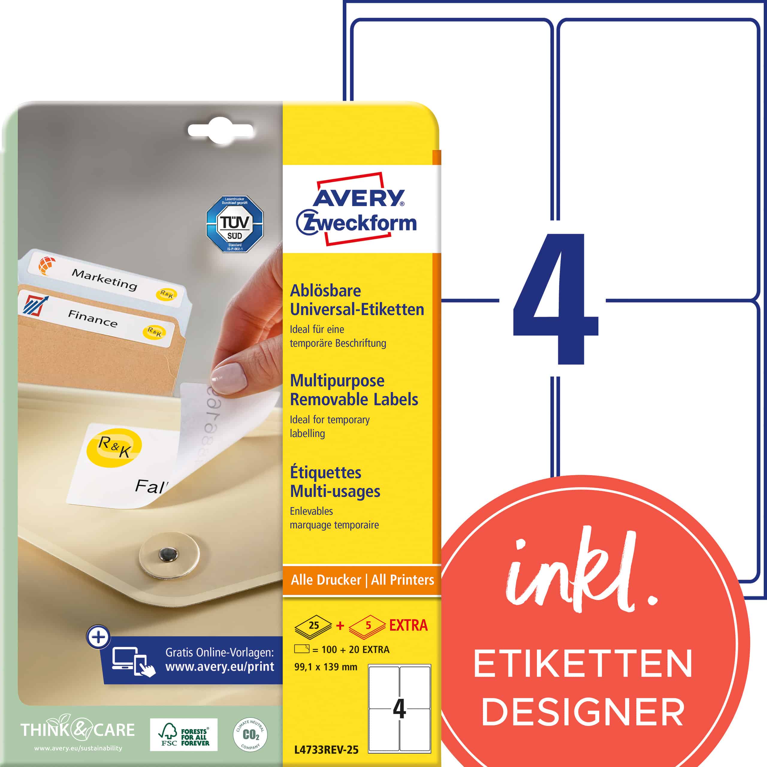 AVERY ZWECKFORM Etichette univers. 99,1x139mm L4733REV-25 bianco 120 pz./25 + 5 fogli - immagine 2